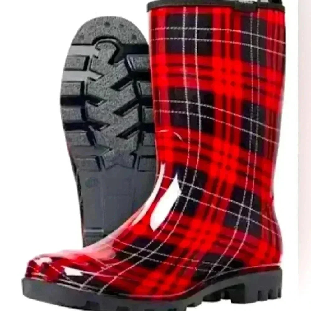 Hisea NWT womens rain/ gardening waterproof boots plaid with lifetime warranty